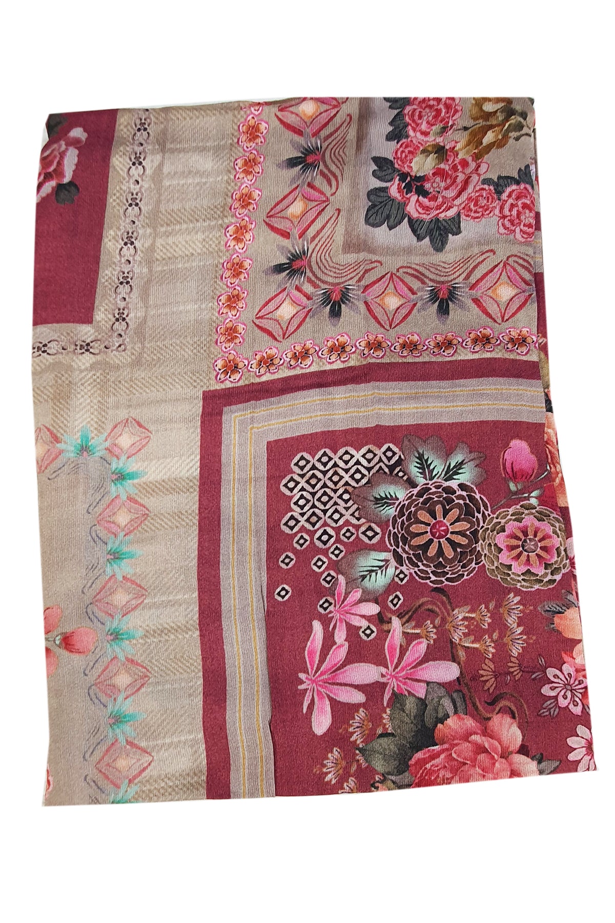 Beige Floral Thread Work With Print Pashmina Suit Set