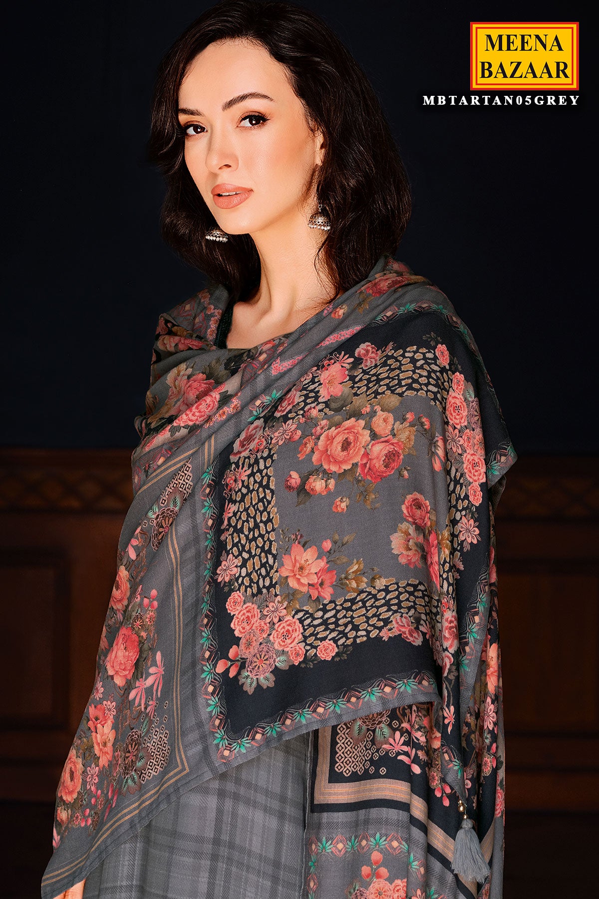 Grey Floral Thread Work With Print Pashmina Suit Set