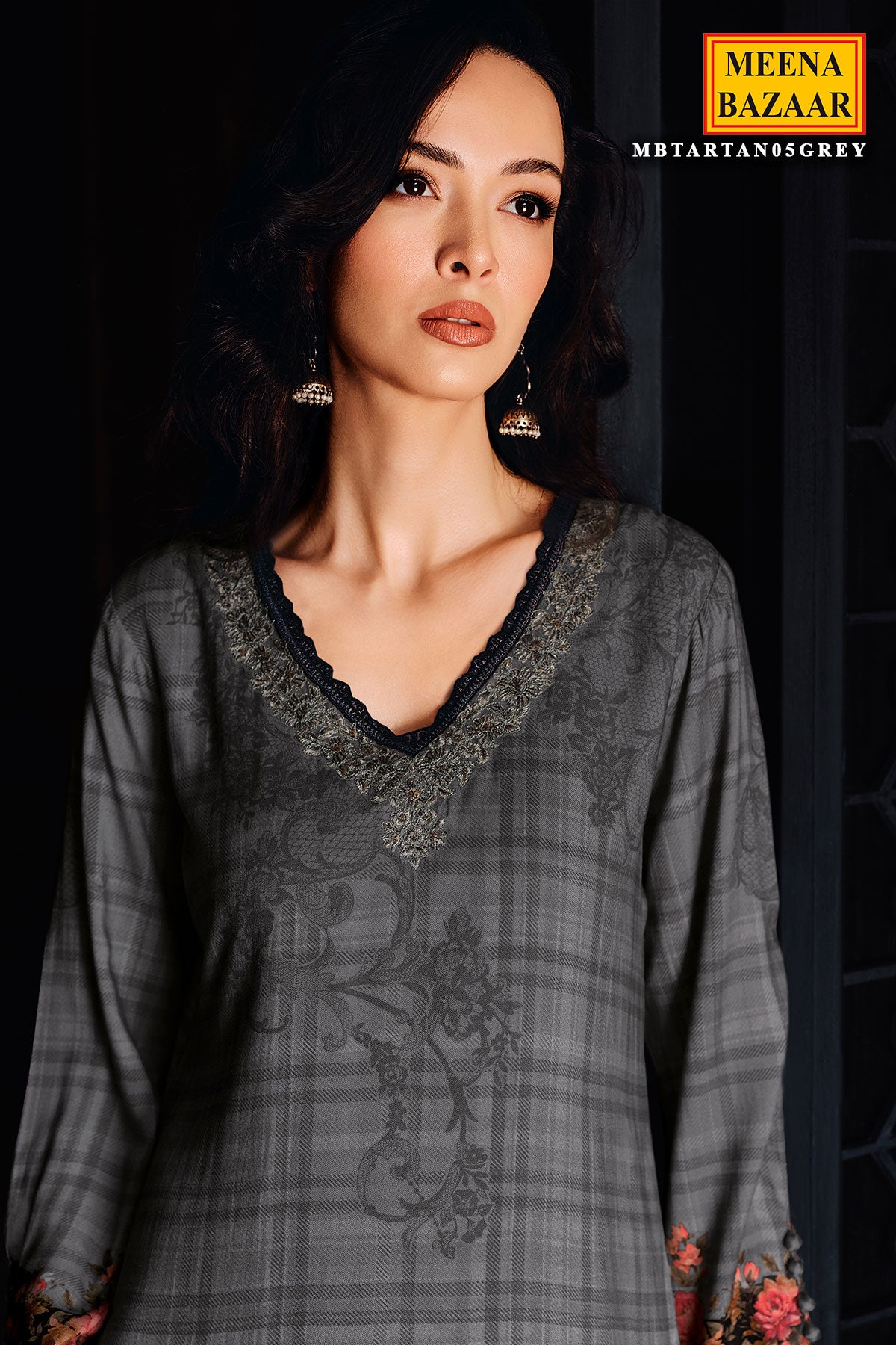 Grey Floral Thread Work With Print Pashmina Suit Set