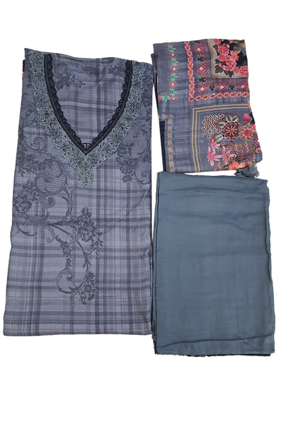 Grey Floral Thread Work With Print Pashmina Suit Set