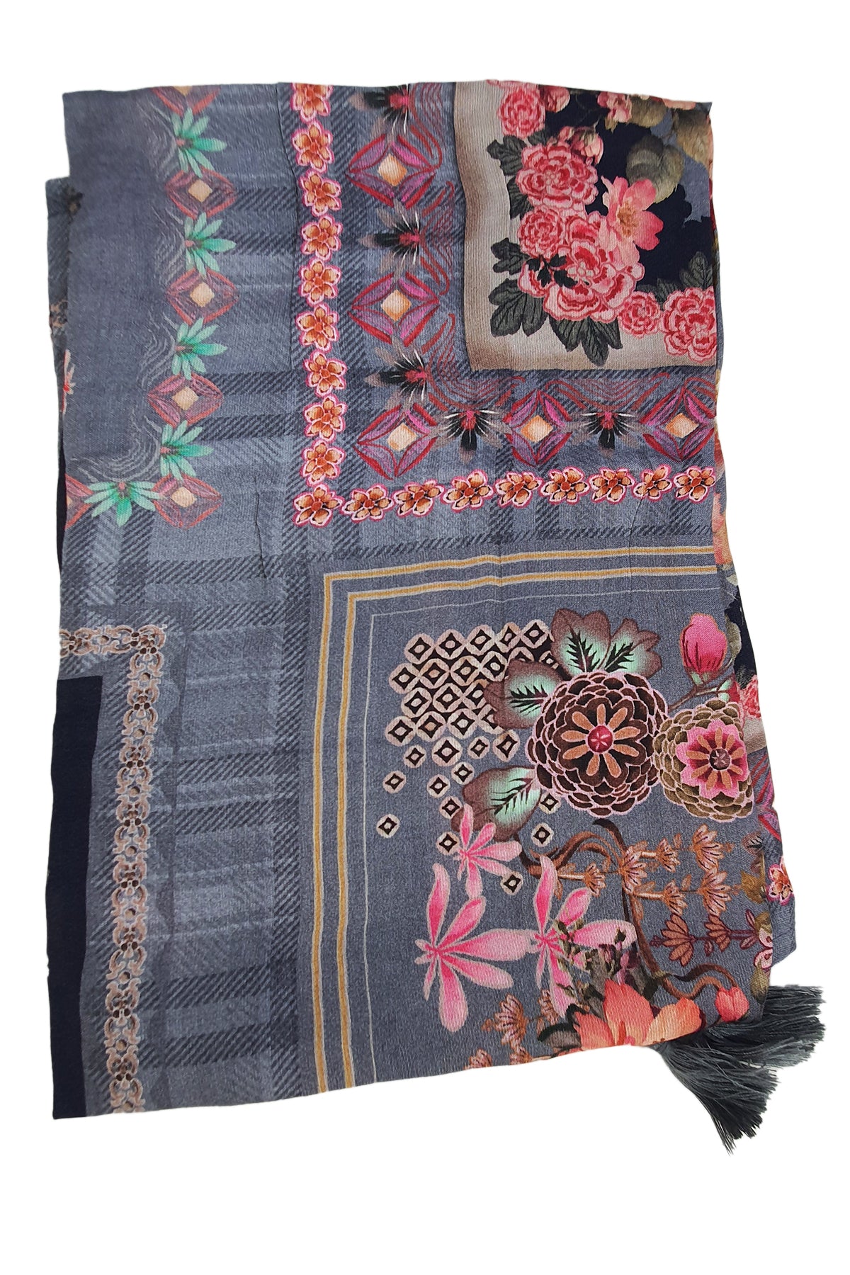 Grey Floral Thread Work With Print Pashmina Suit Set