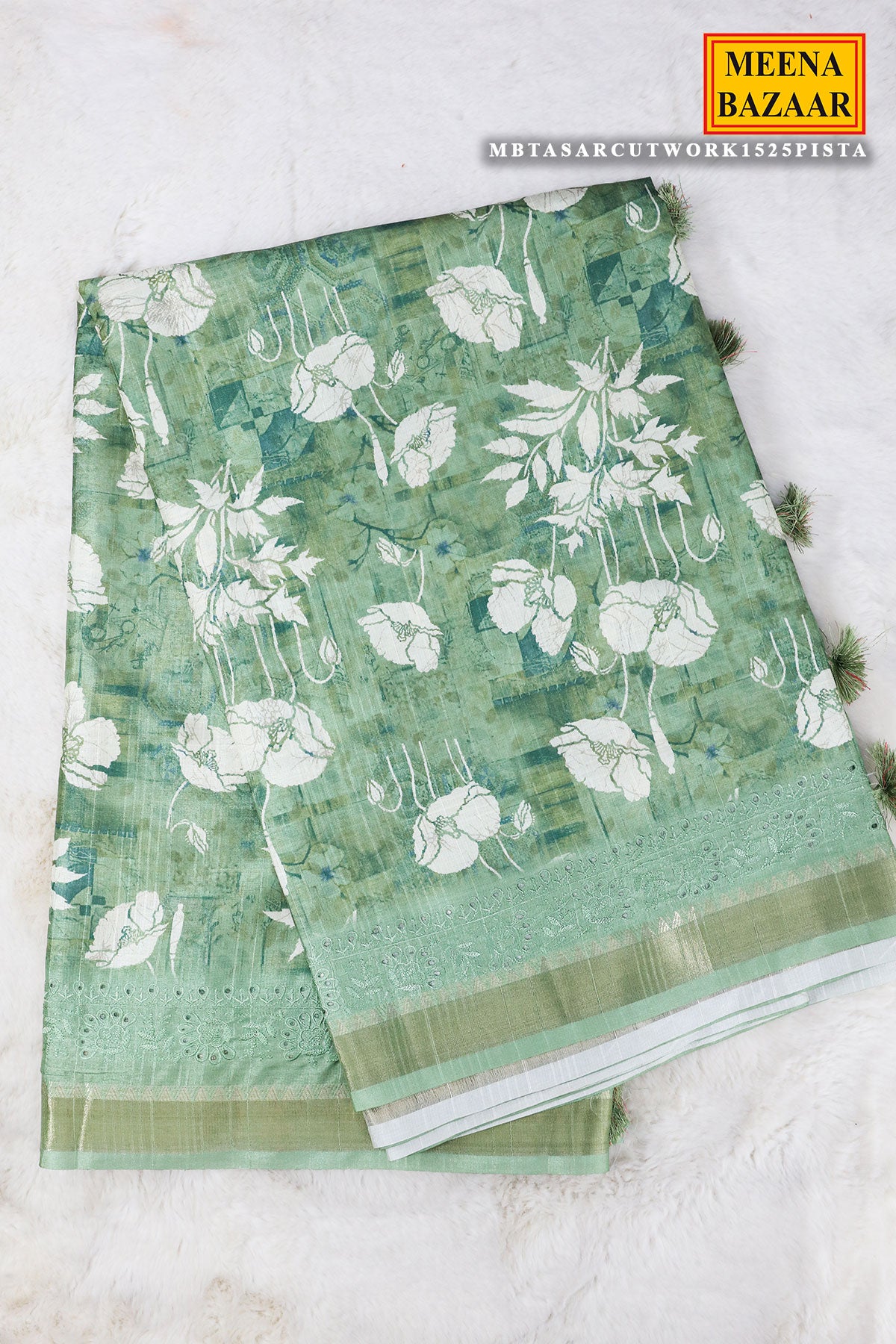 Pista Thread Embroidered Printed Tussar Silk Saree