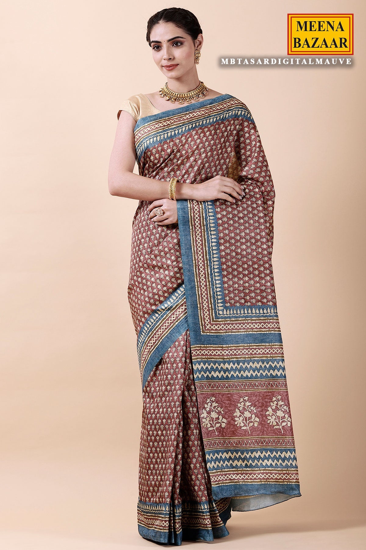 Brown Tussar Silk Printed Saree