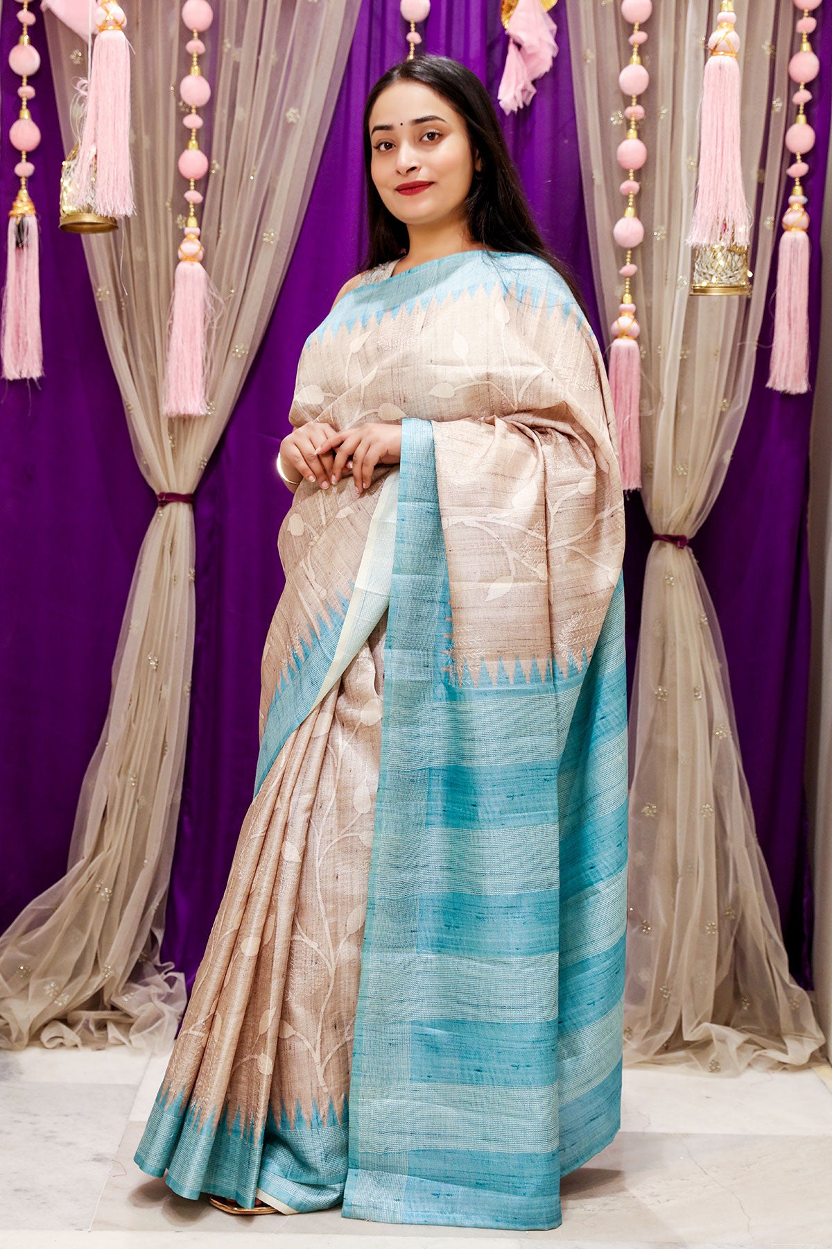 Beige & Firozi Tussar Silk Woven Saree