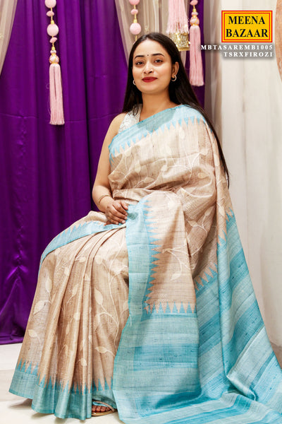 Beige & Firozi Tussar Silk Woven Saree