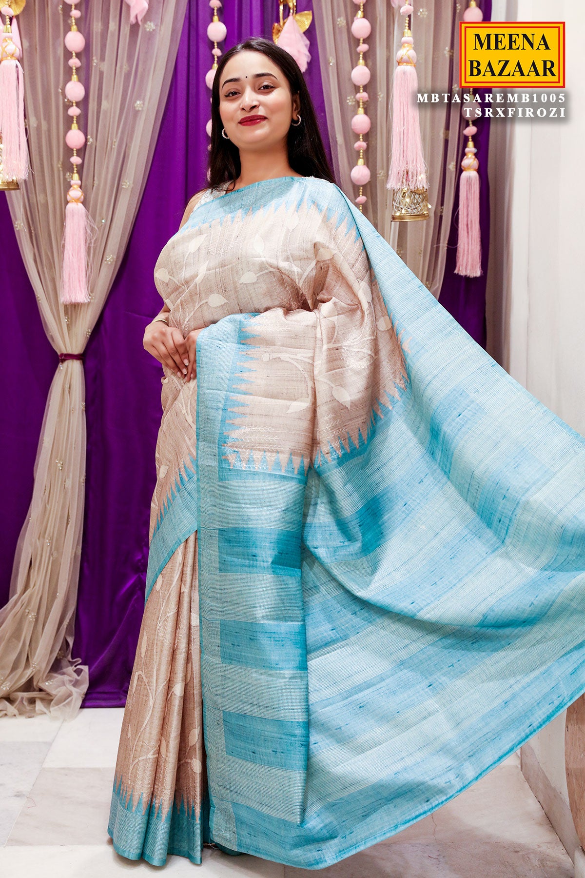 Beige & Firozi Tussar Silk Woven Saree