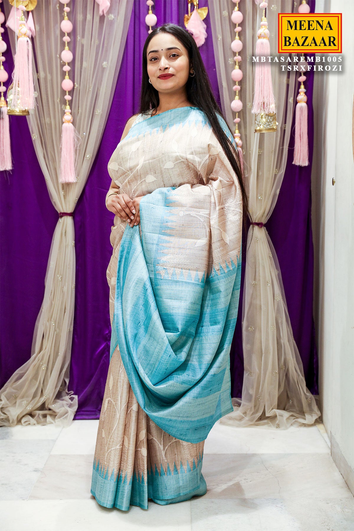 Beige & Firozi Tussar Silk Woven Saree