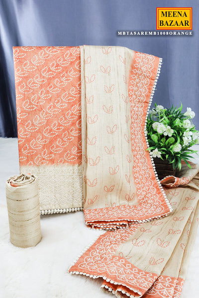 Orange Tussar Silk Bandhani Print Unstitched Suit Set