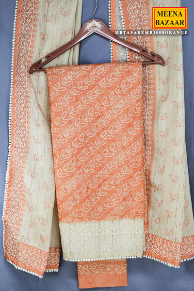 Orange Tussar Silk Bandhani Print Unstitched Suit Set