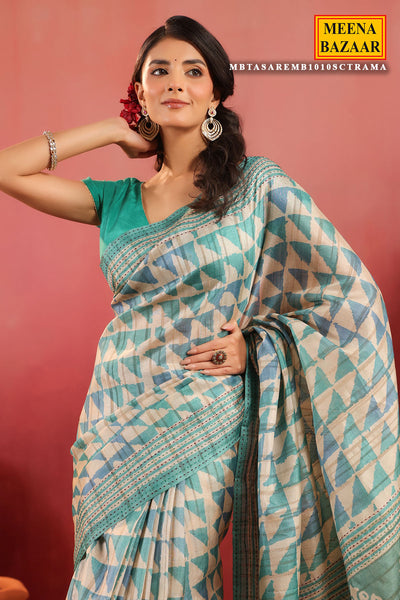 Rama Tasar Embroidered Saree Elegant Festive Wear