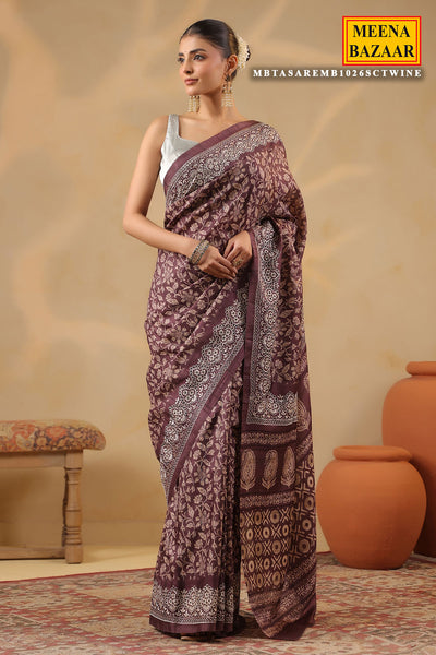 Wine Printed Tussar Saree with Intricate Border