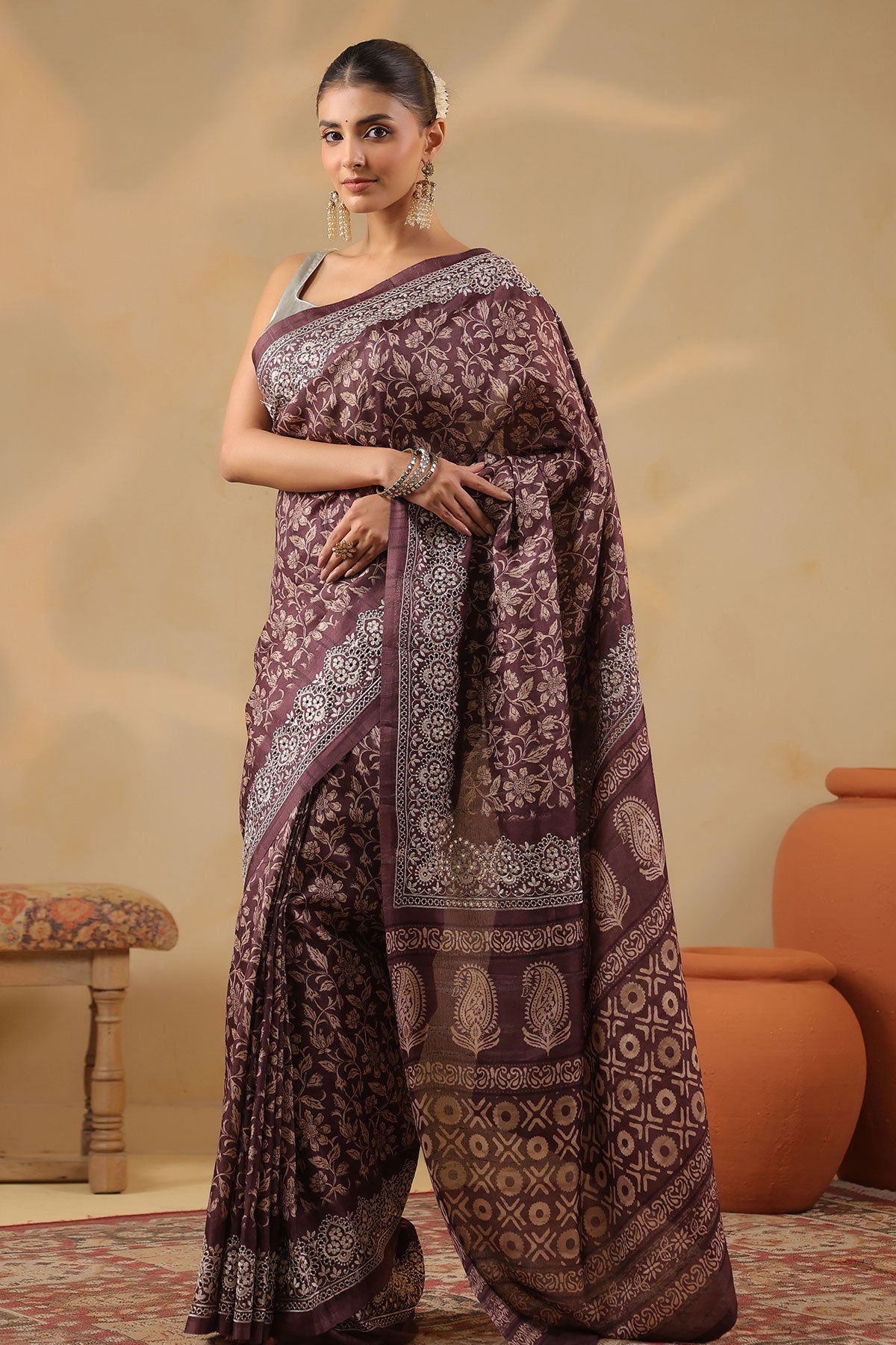 Wine Printed Tussar Saree with Intricate Border