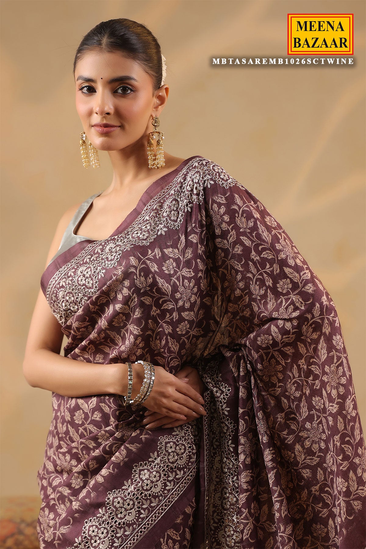 Wine Printed Tussar Saree with Intricate Border