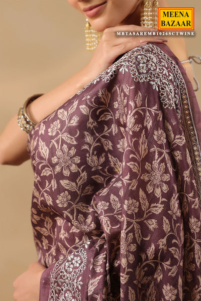 Wine Printed Tussar Saree with Intricate Border