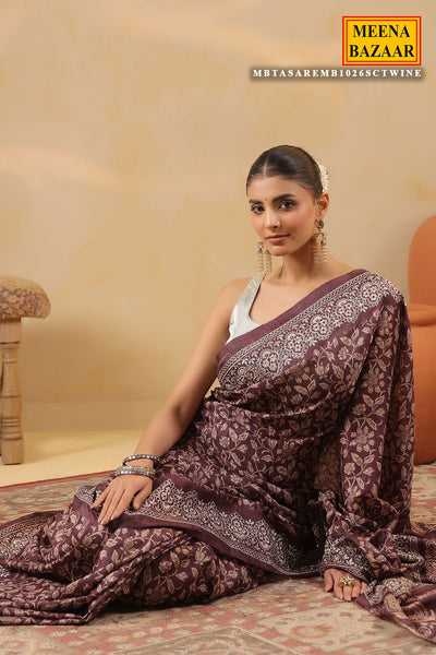 Wine Printed Tussar Saree with Intricate Border