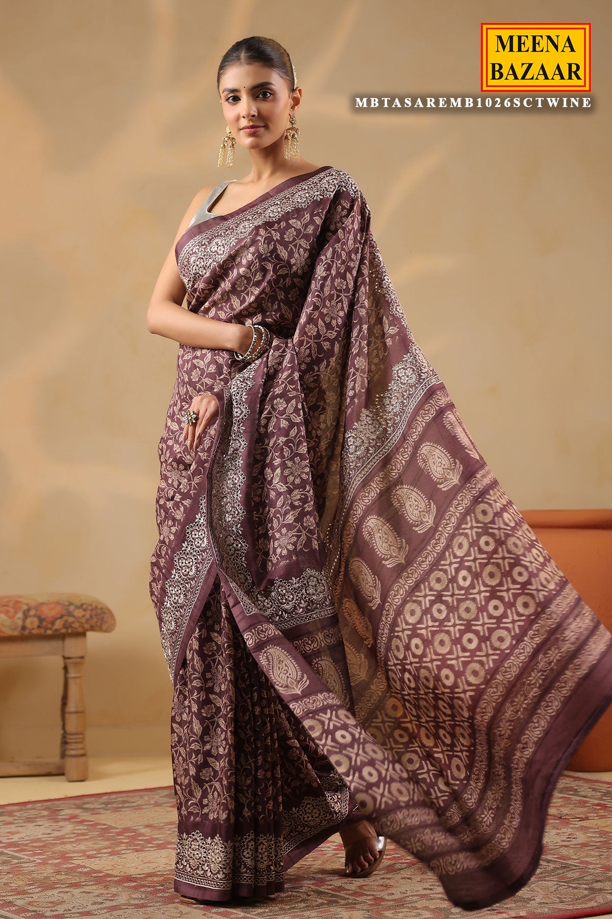 Wine Printed Tussar Saree with Intricate Border