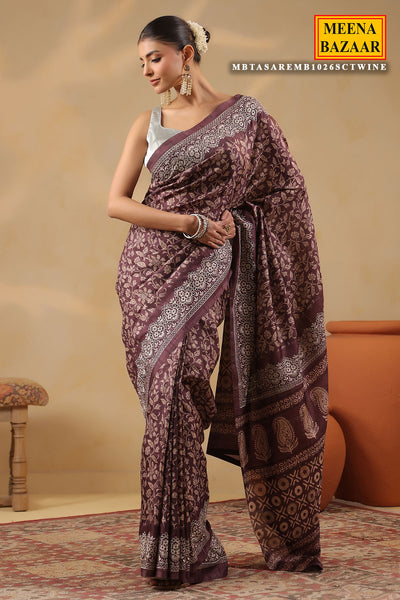 Wine Printed Tussar Saree with Intricate Border
