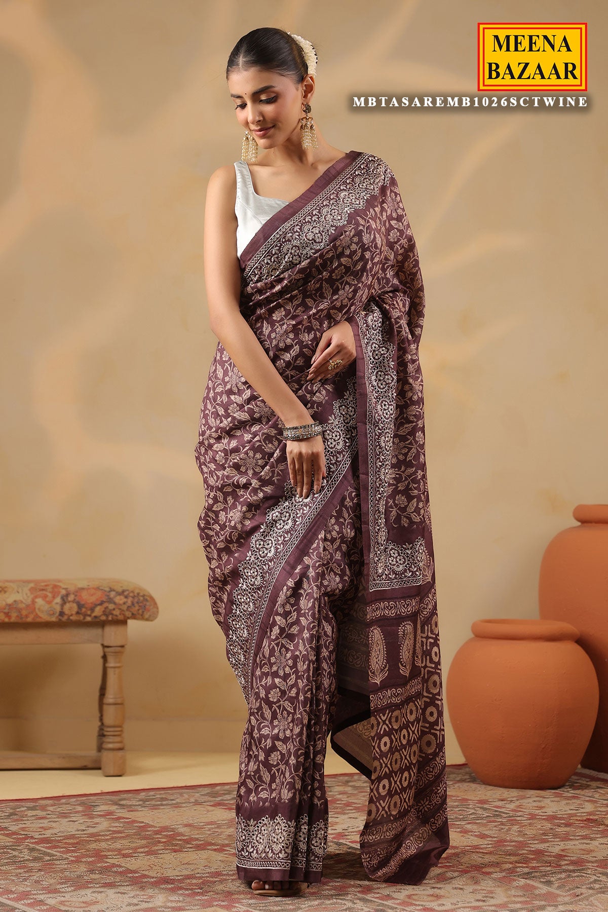 Wine Printed Tussar Saree with Intricate Border