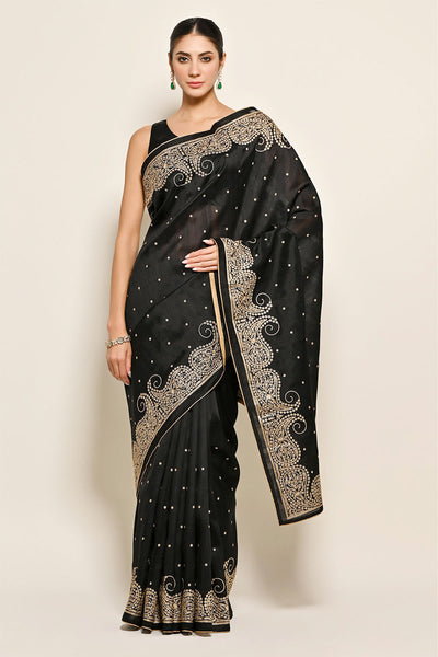 Black Tussar Silk Threadwork Embroidered Saree