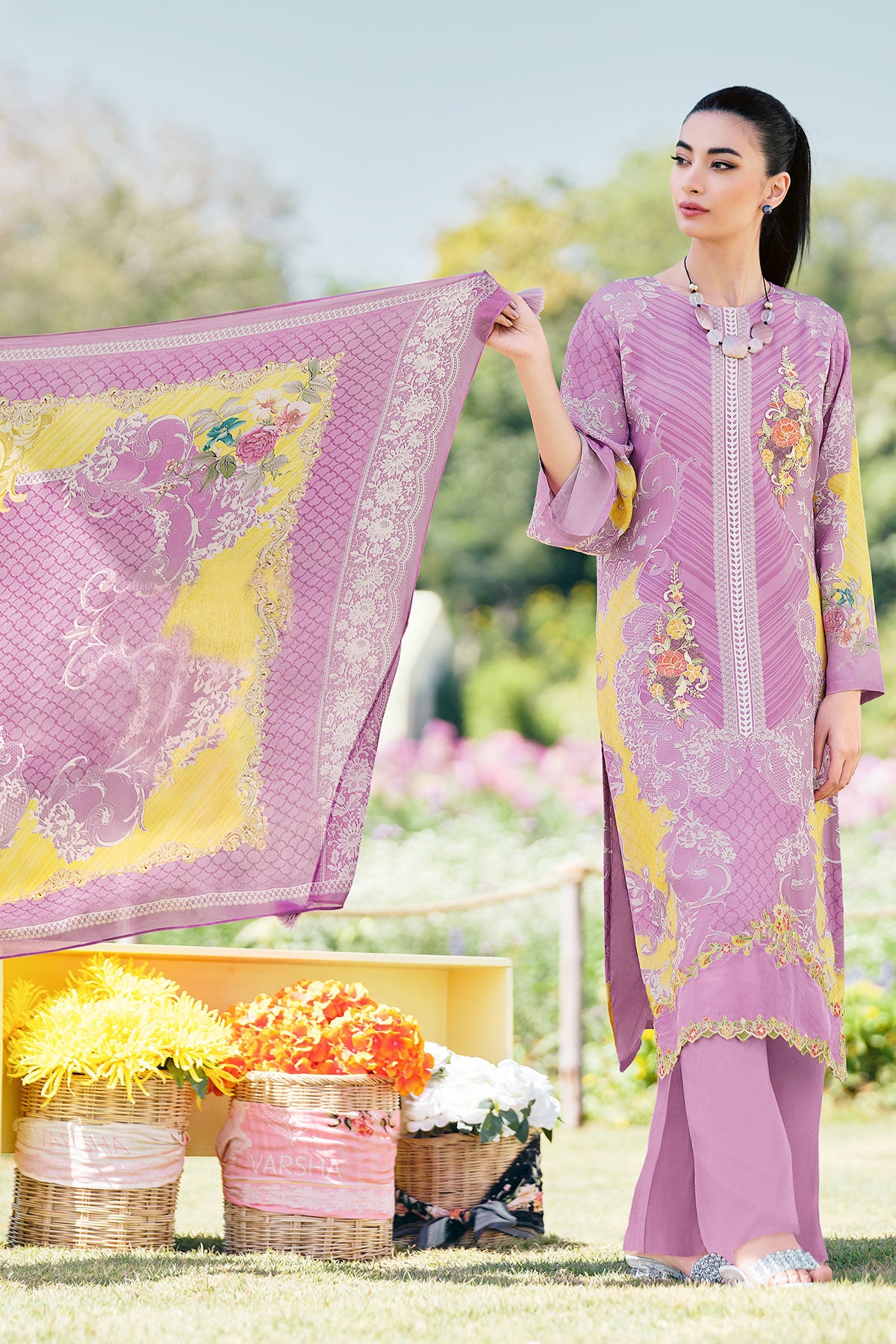 Mauve Muslin Digital Printed Suit with Embroidered Border