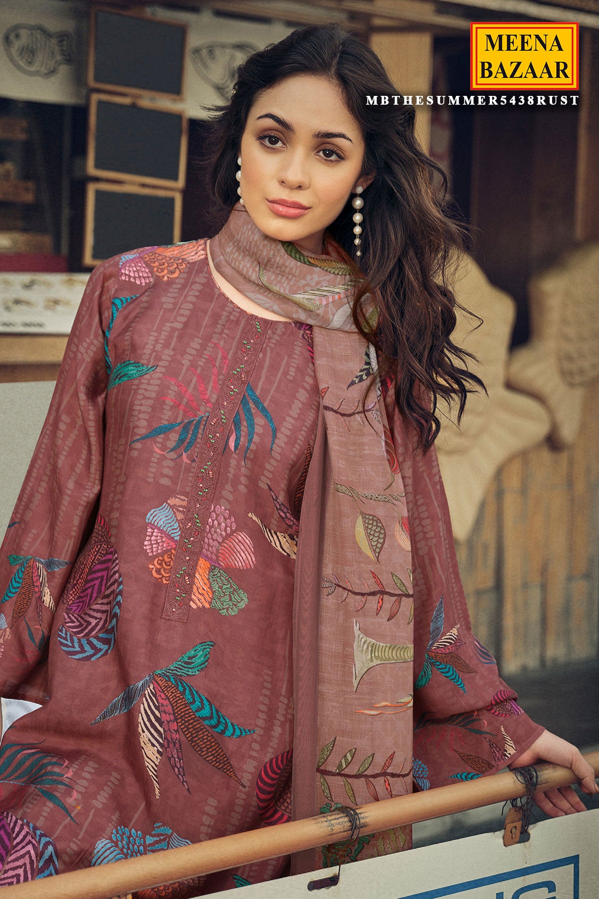 Rust Cotton Digital Printed Unstitched Suit Set