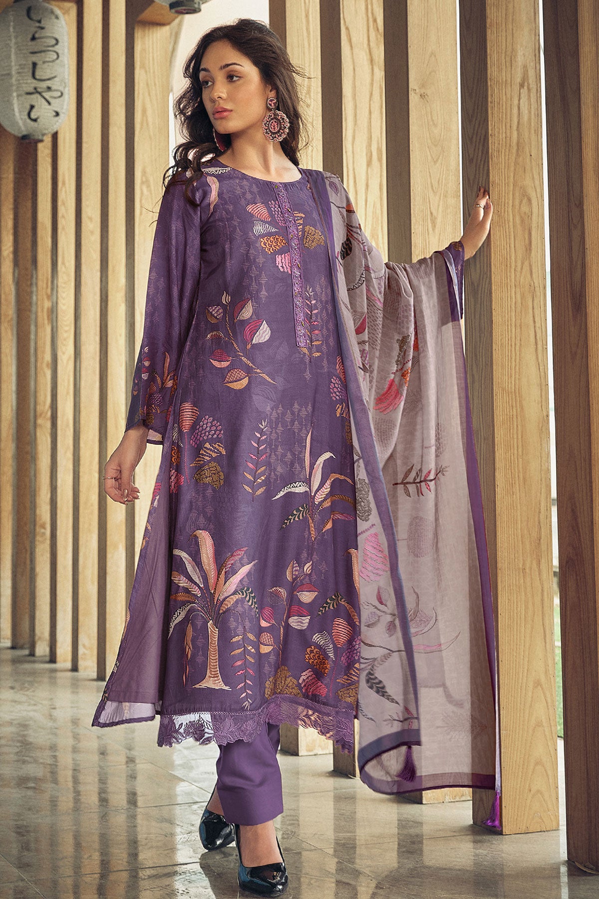 Purple Cotton Digital Printed Unstitched Suit Set