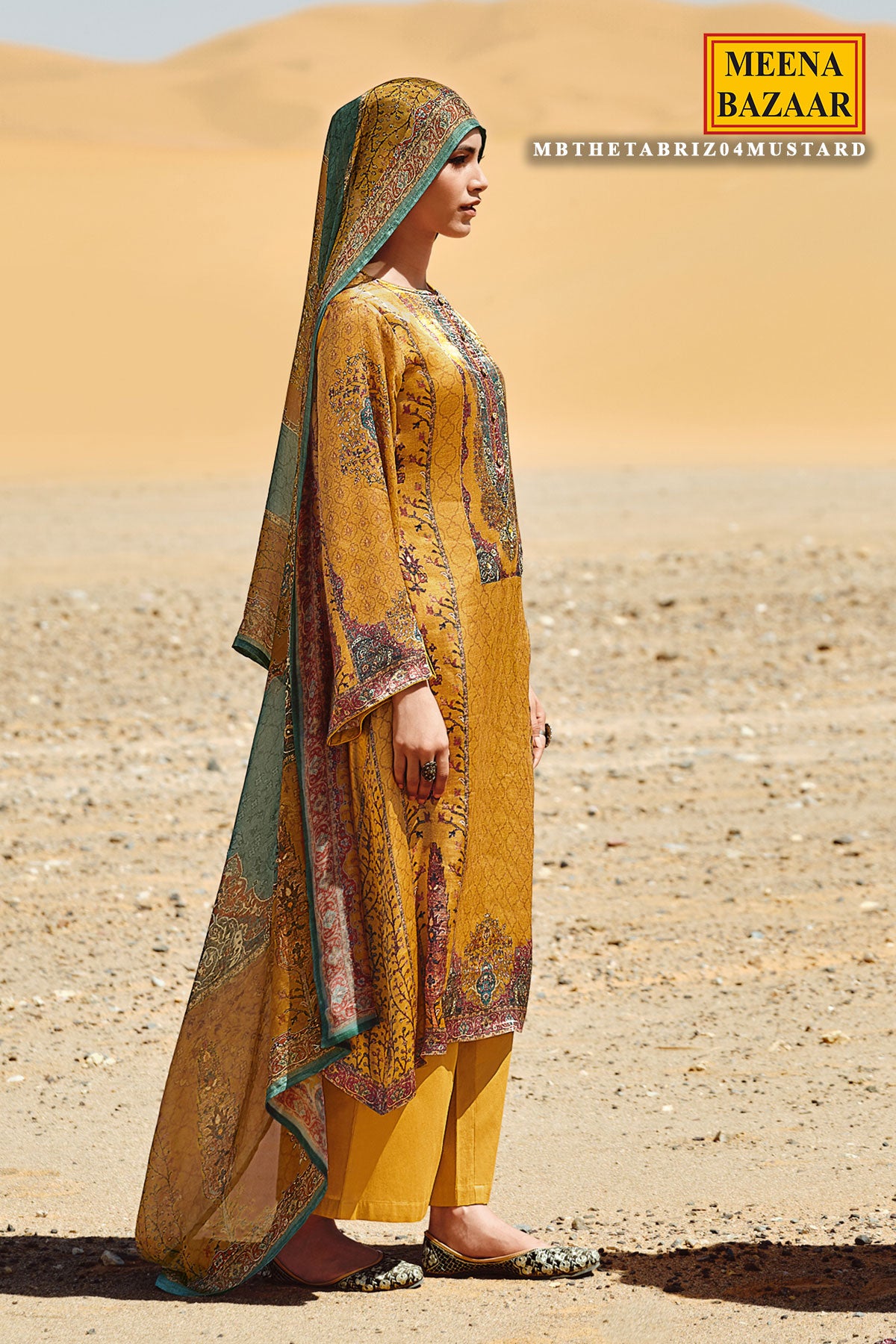 Mustard Pashmina Printed Sequins and Zari Embroidered Suit Set