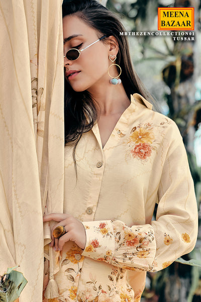 Tussar Crepe Shirt-Styled Floral Printed Embroidered Suit Set