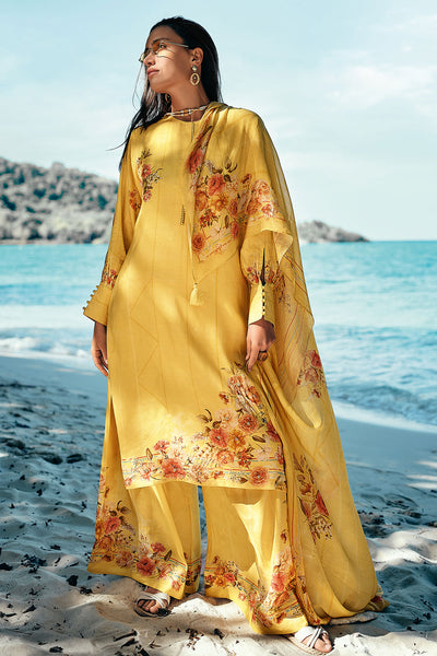 Mustard Crepe Floral Printed Embroidered Suit Set