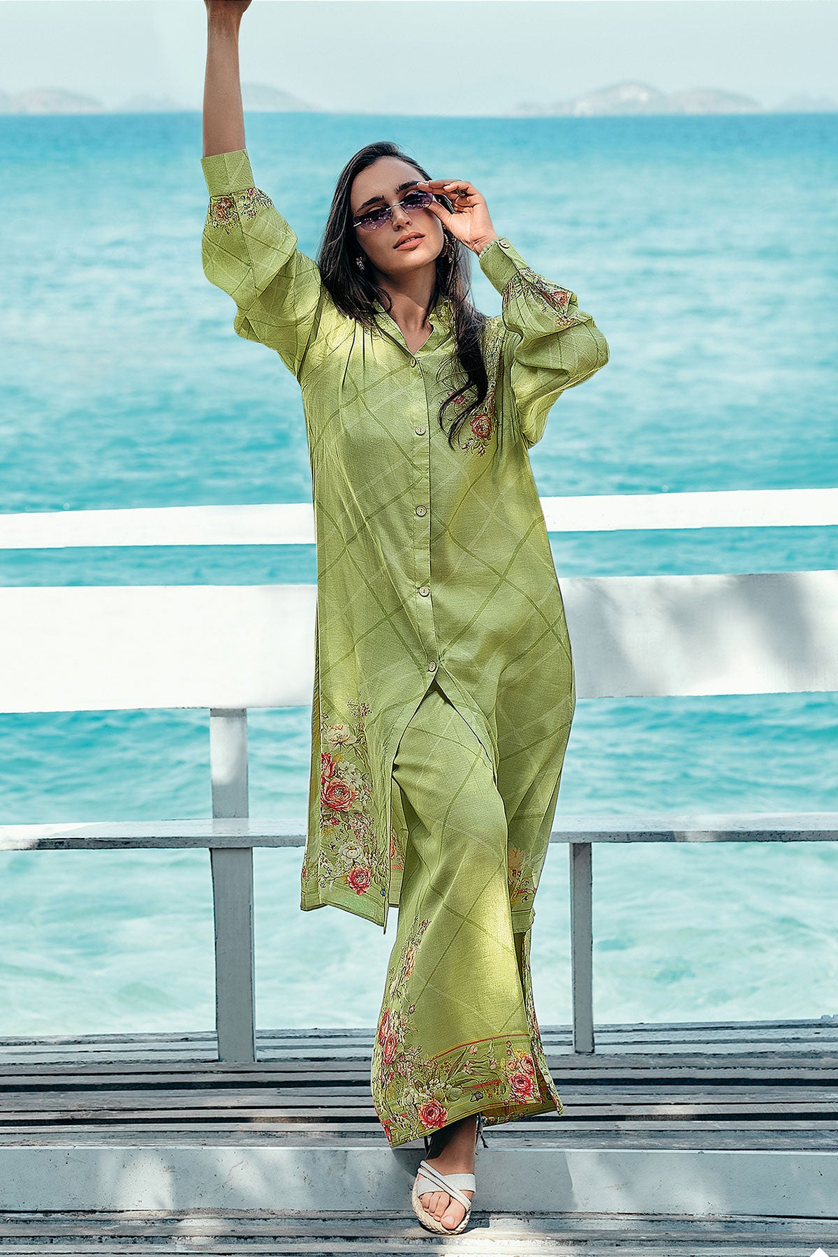 Pista Crepe Shirt-Styled Floral Printed Embroidered Suit Set