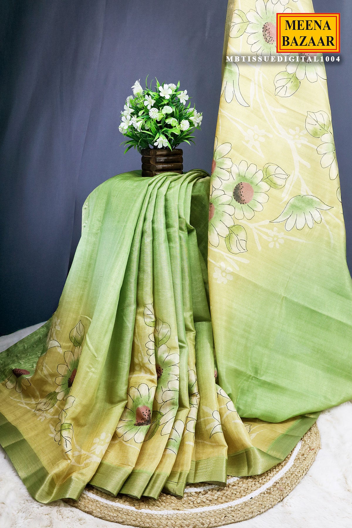 Pista Floral Printed Zari Woven Tussar Saree