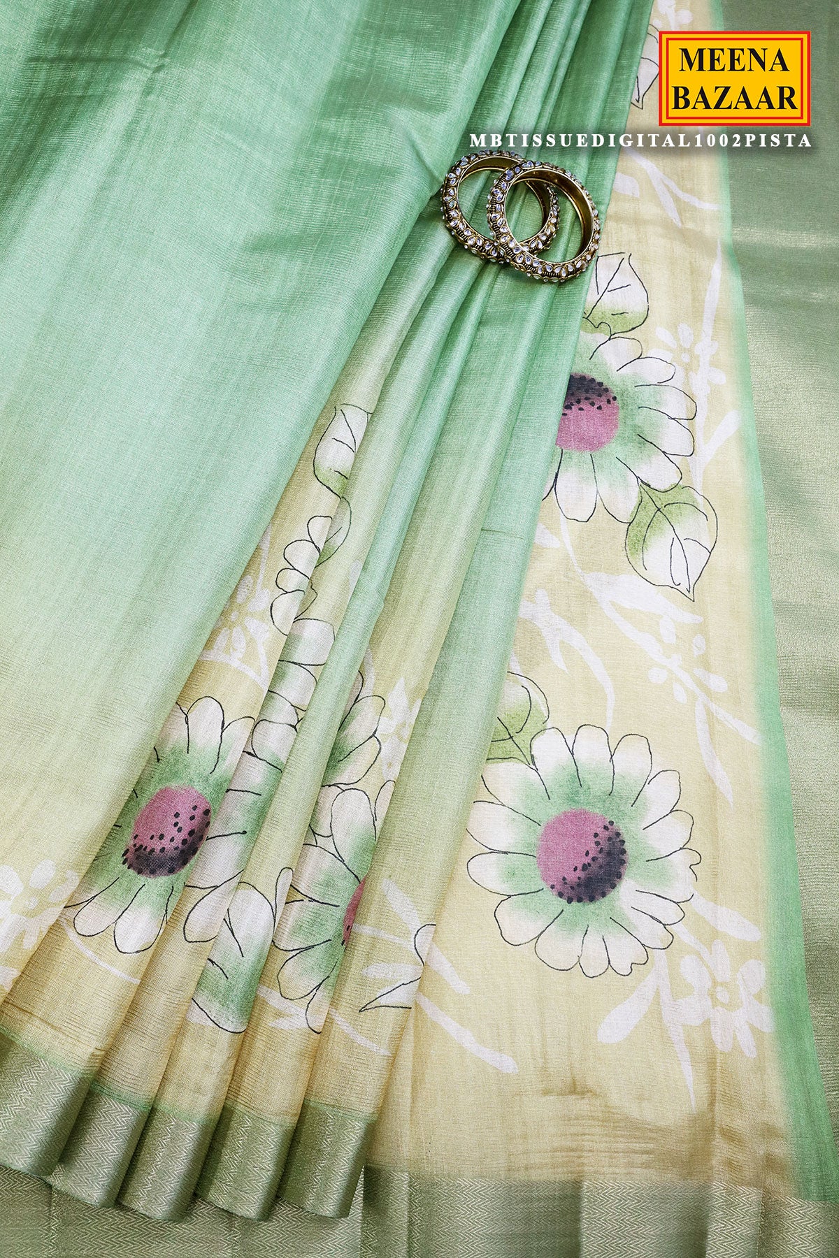 Pista Floral Printed Zari Woven Tussar Saree