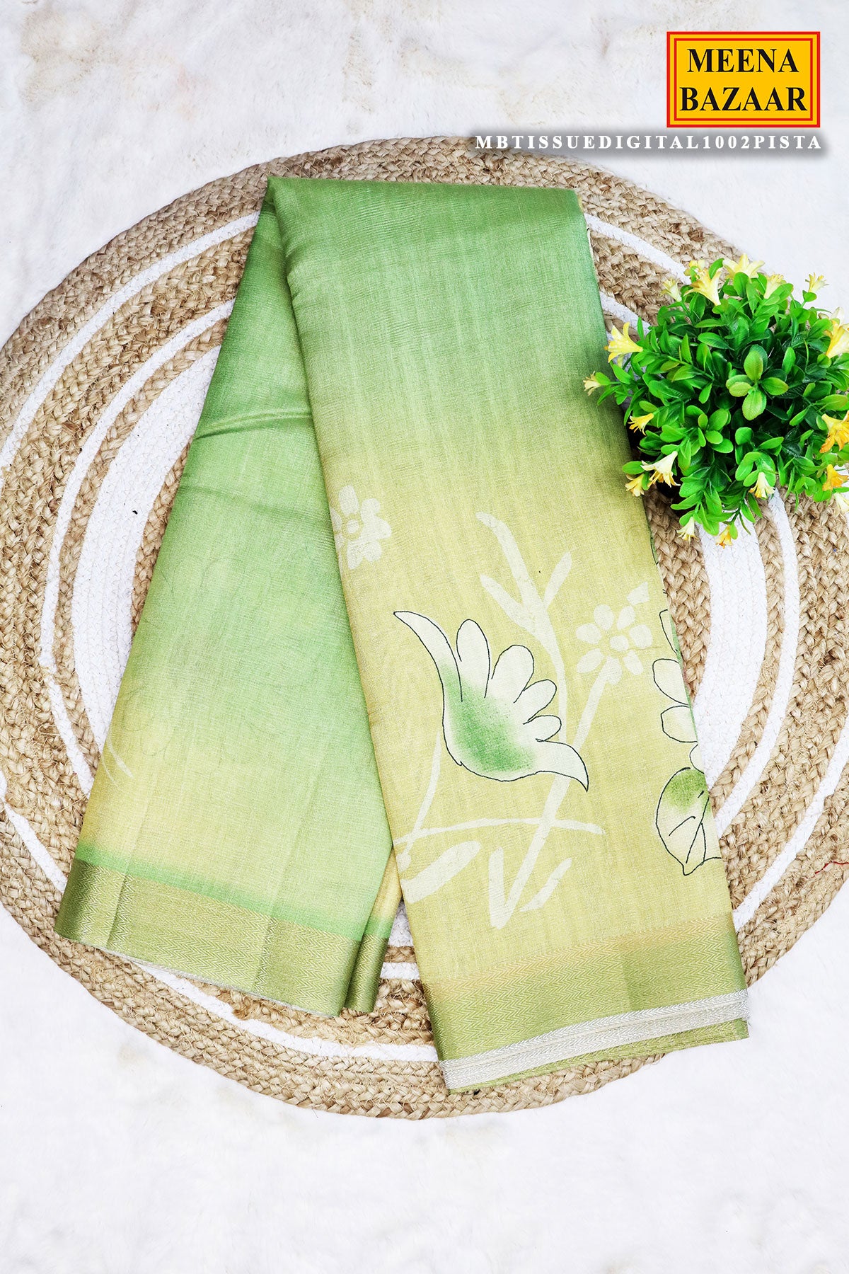 Pista Floral Printed Zari Woven Tussar Saree