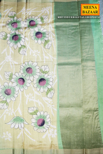 Pista Floral Printed Zari Woven Tussar Saree