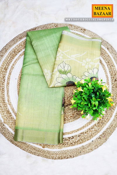 Pista Floral Printed Zari Woven Tussar Saree