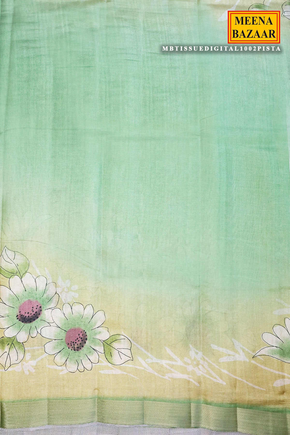 Pista Floral Printed Zari Woven Tussar Saree