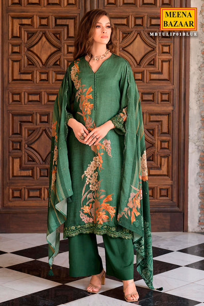 Teal Blue Pashmina Floral Printed Unstitched Suit Set