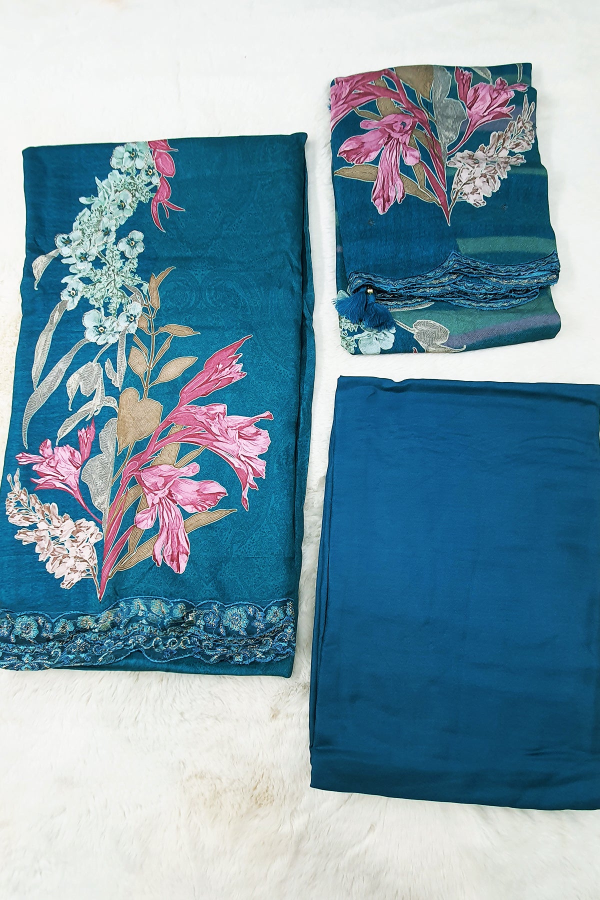 Teal Blue Pashmina Floral Printed Unstitched Suit Set