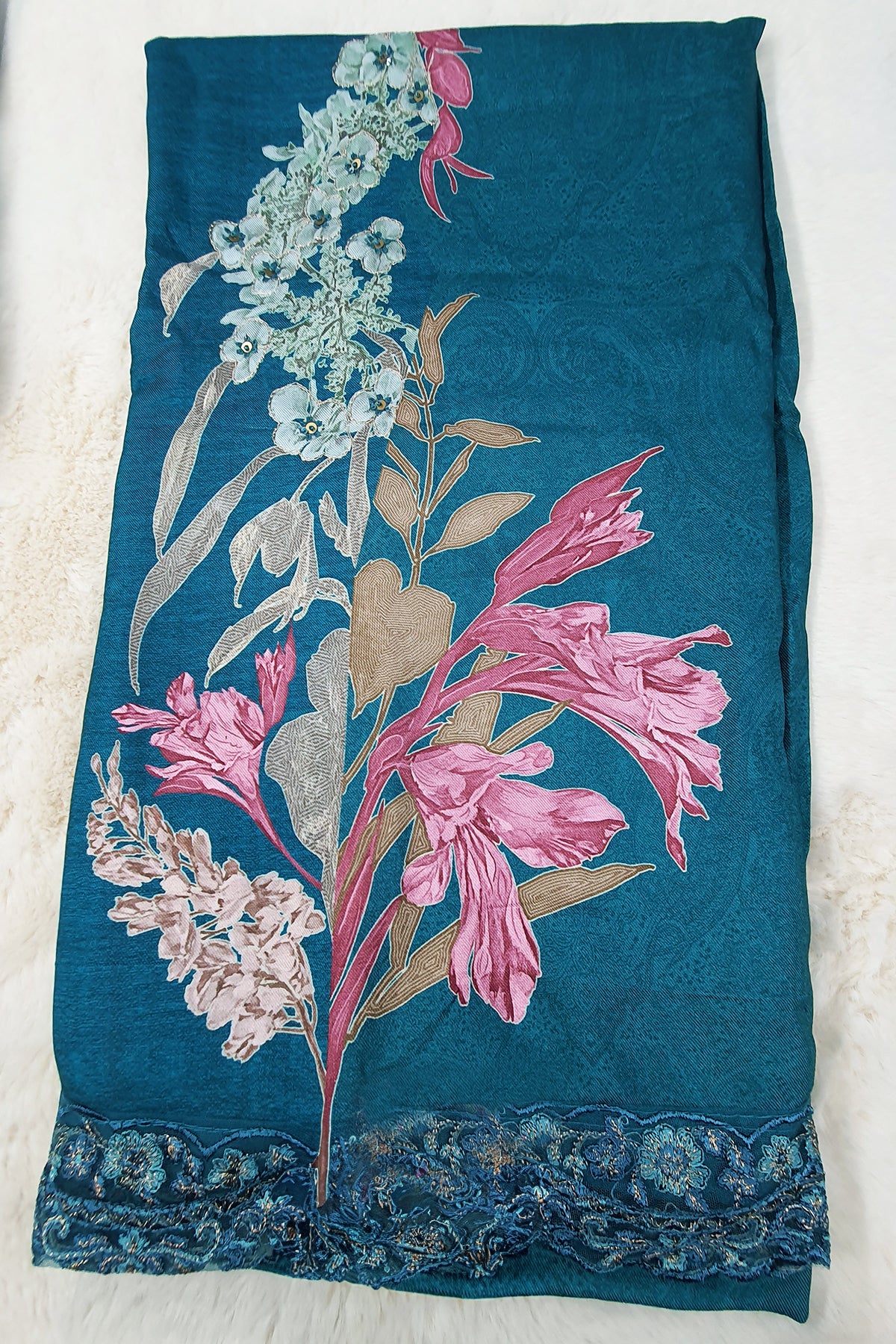 Teal Blue Pashmina Floral Printed Unstitched Suit Set