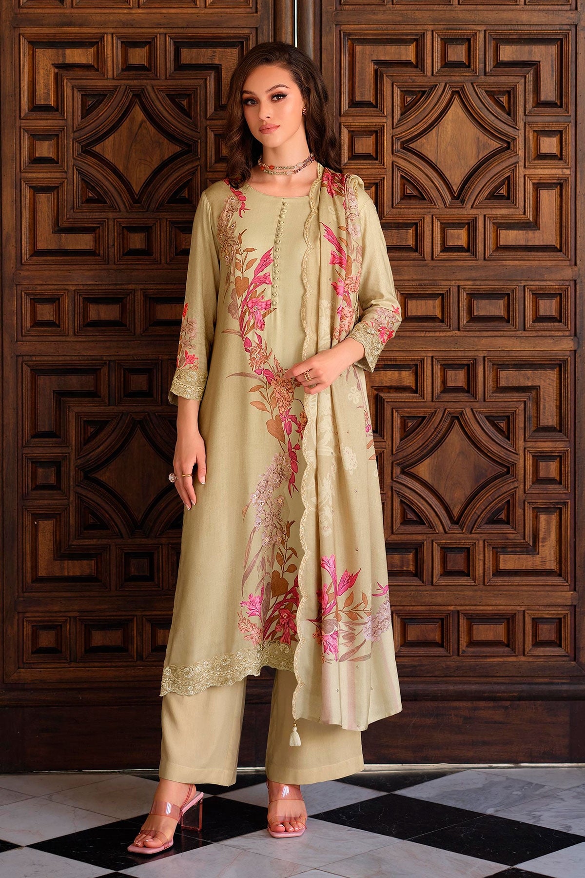 Cream Pashmina Floral Printed Unstitched Suit Set