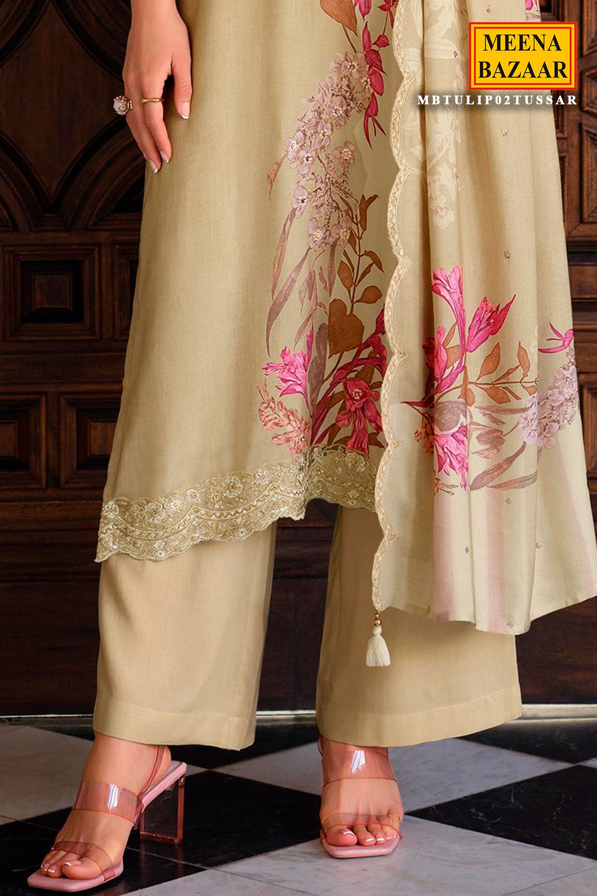 Cream Pashmina Floral Printed Unstitched Suit Set