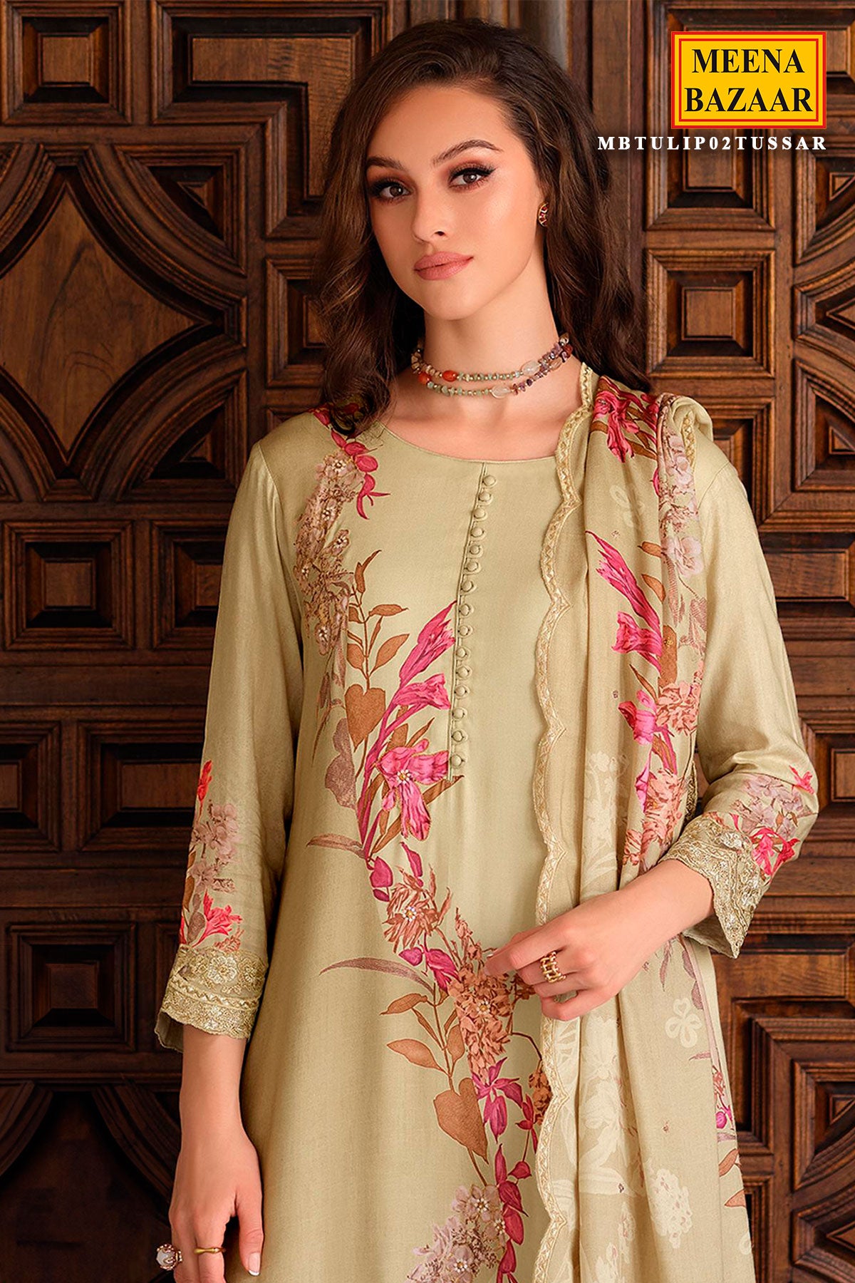 Cream Pashmina Floral Printed Unstitched Suit Set