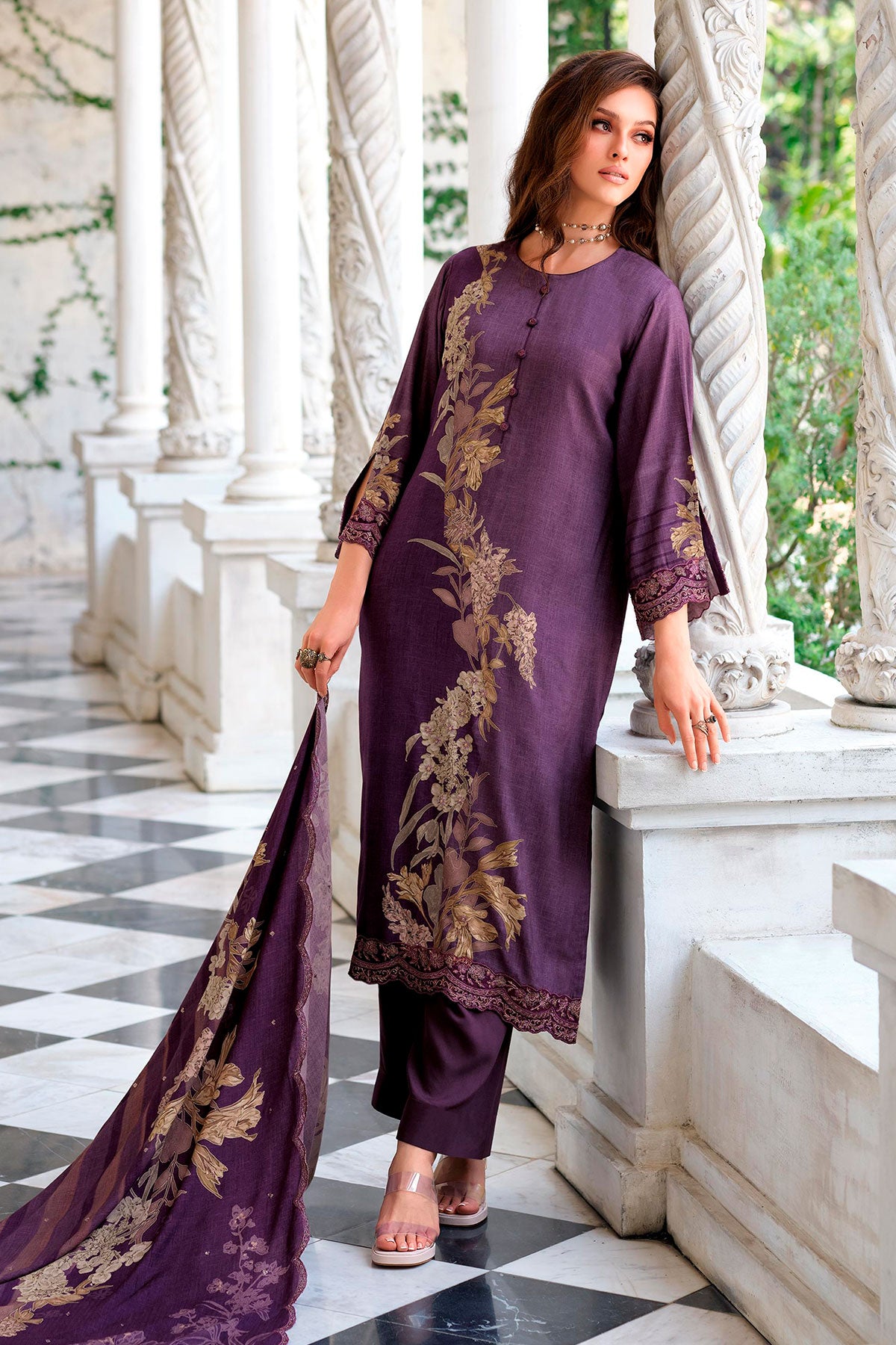 Purple Pashmina Floral Printed Unstitched Suit Set