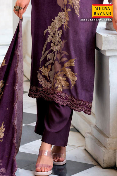 Purple Pashmina Floral Printed Unstitched Suit Set