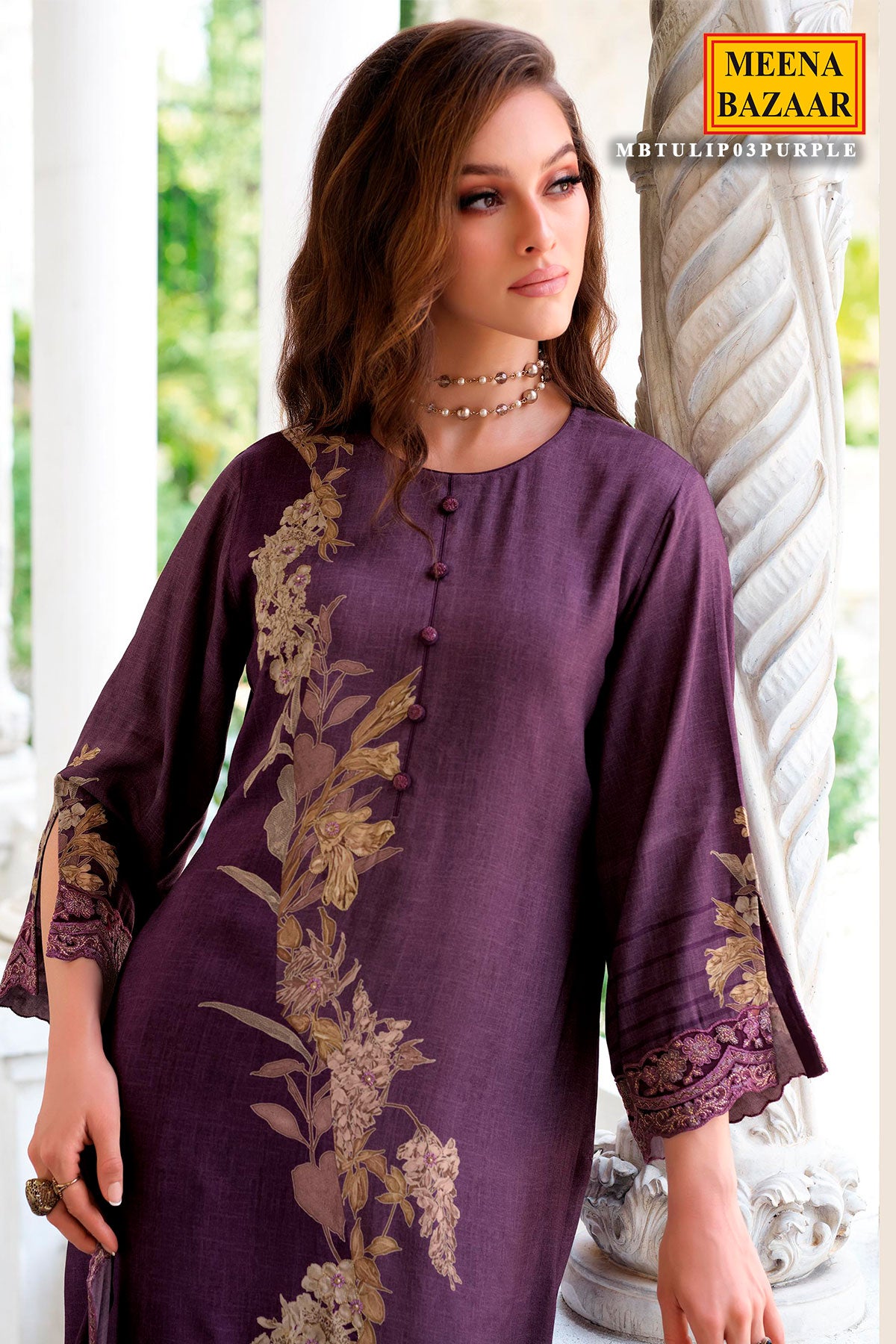 Purple Pashmina Floral Printed Unstitched Suit Set