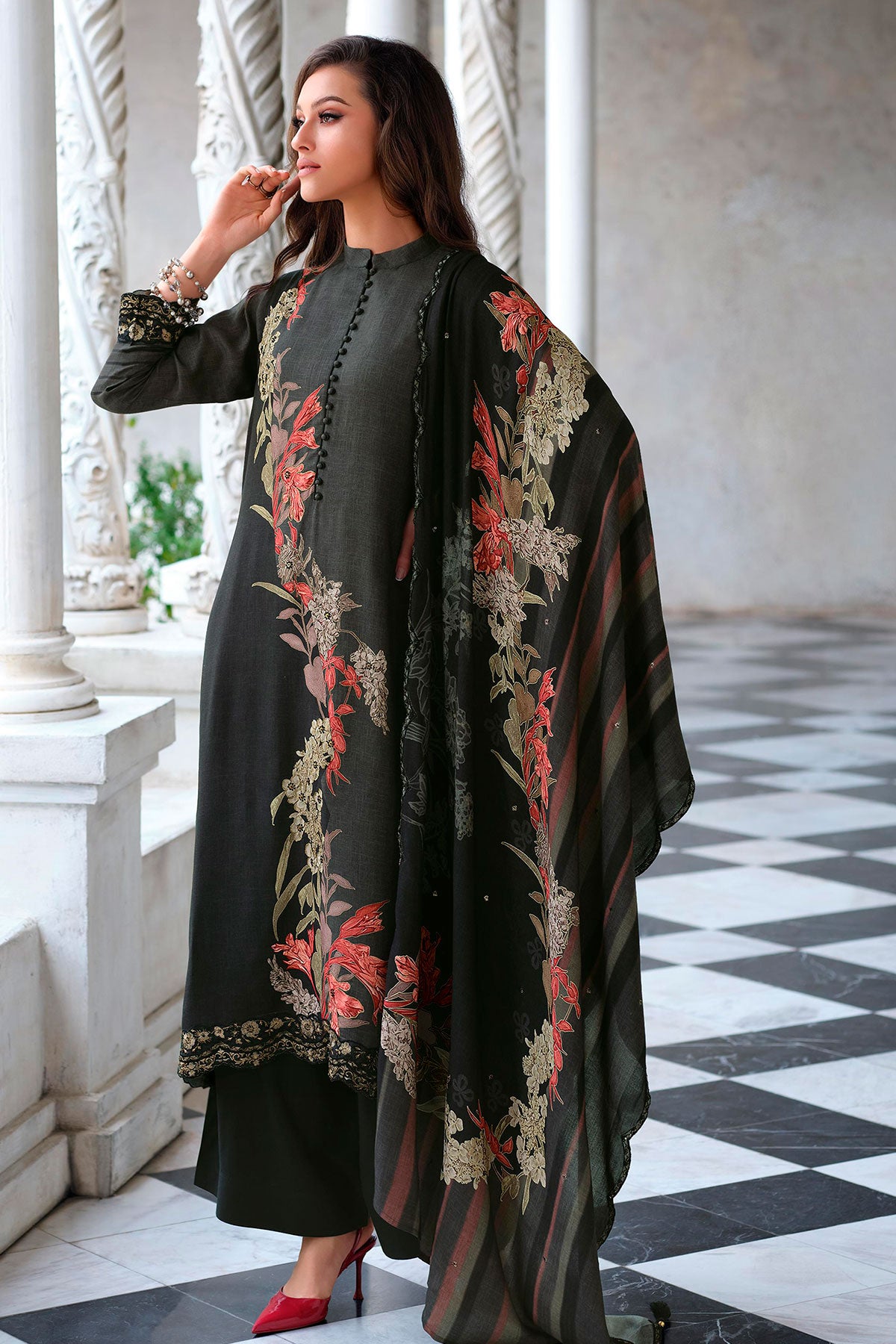 Black Pashmina Floral Printed Unstitched Suit Set