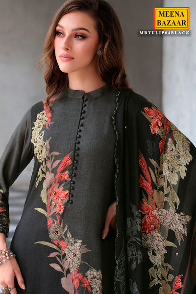 Black Pashmina Floral Printed Unstitched Suit Set