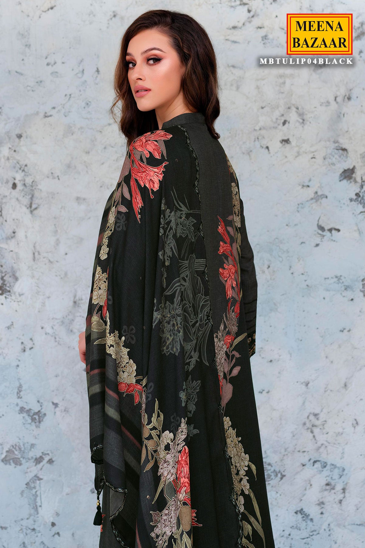 Black Pashmina Floral Printed Unstitched Suit Set