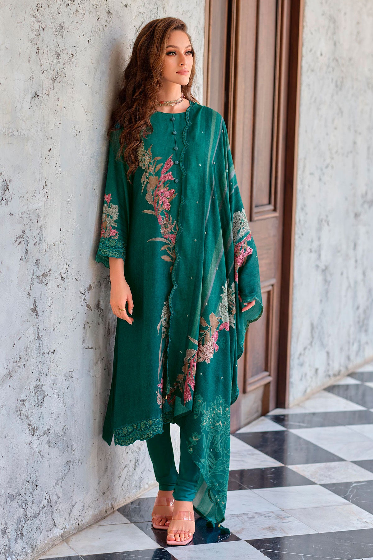 Green Pashmina Floral Printed Unstitched Suit Set