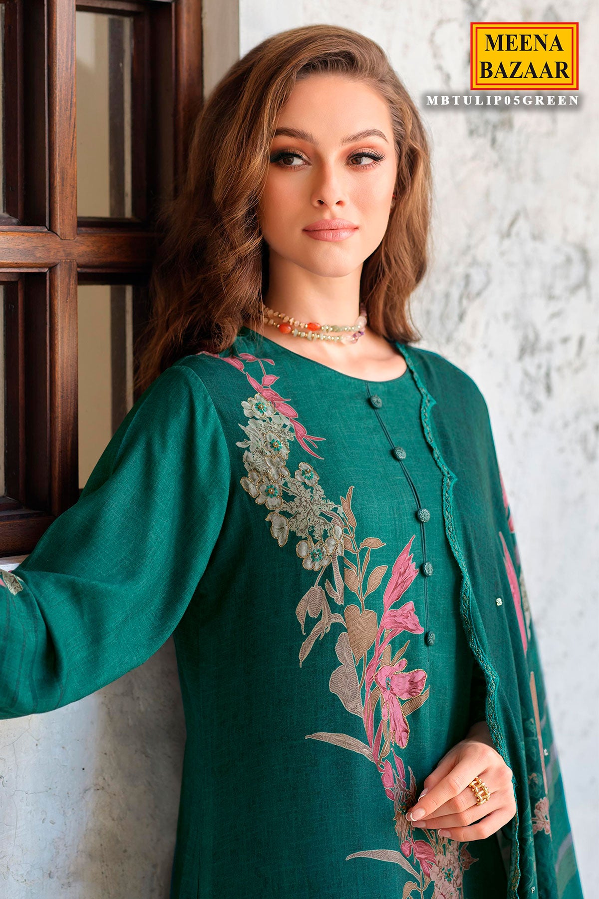 Green Pashmina Floral Printed Unstitched Suit Set